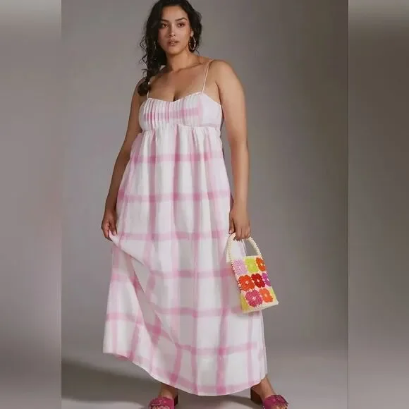Anthropologie | Dresses | Anthropologie Maeve Linen Tieback Maxi Dress Pink  Andwhite Colorway Boho X